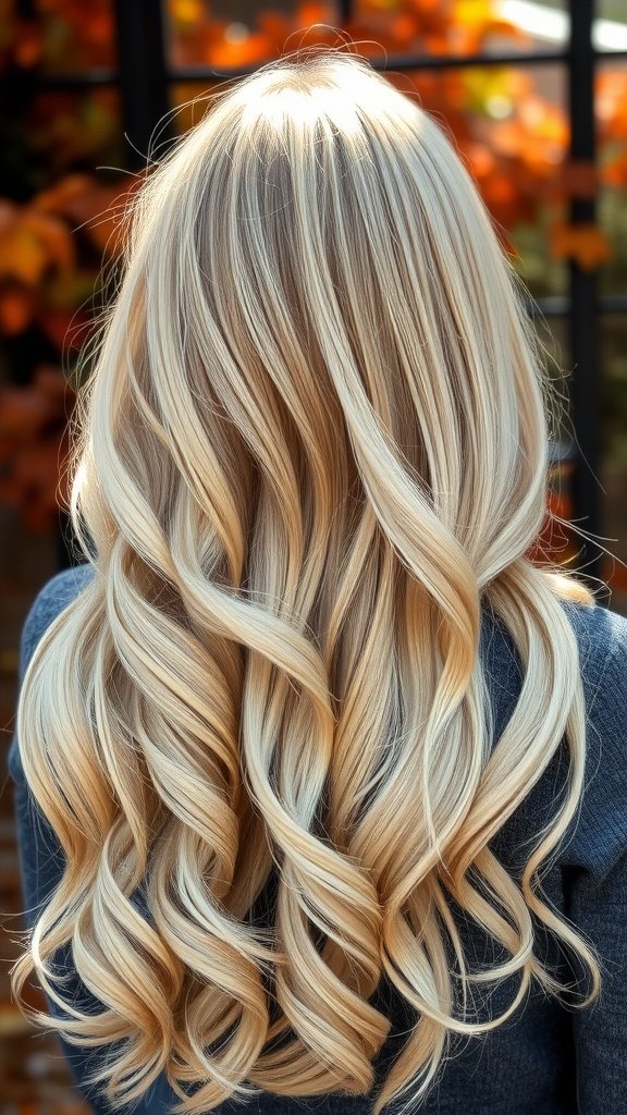 Back view of long, wavy hair styled in milky blonde balayage.