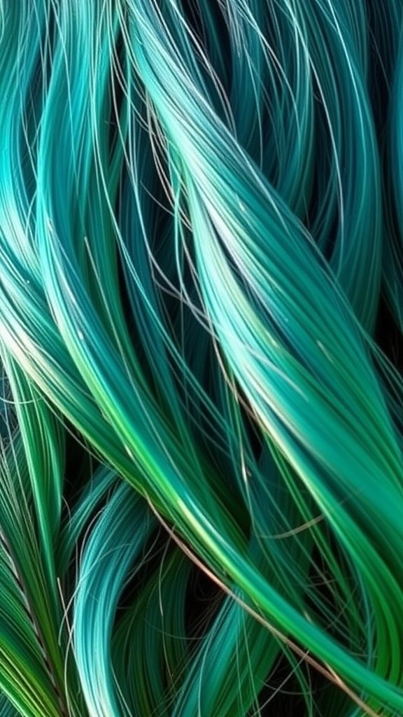 Close-up of hair with peacock feather highlights in vibrant blue and green shades.