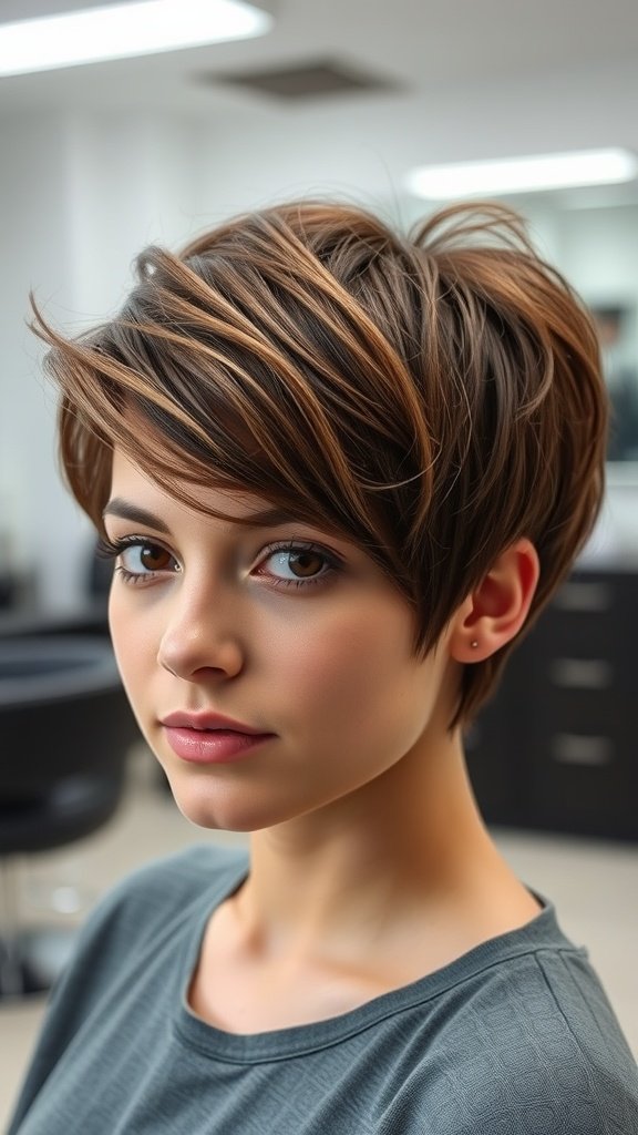 A woman with a pixie cut featuring a voluminous top, showcasing a stylish look for square faces.