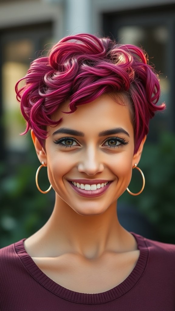 A woman with a pixie cut featuring defined micro curls and vibrant pink color, smiling confidently.
