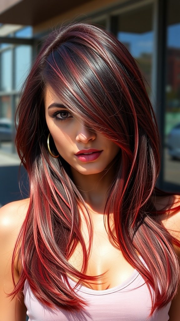 A woman with raspberry and espresso blended hair, showcasing vibrant highlights against a dark base.