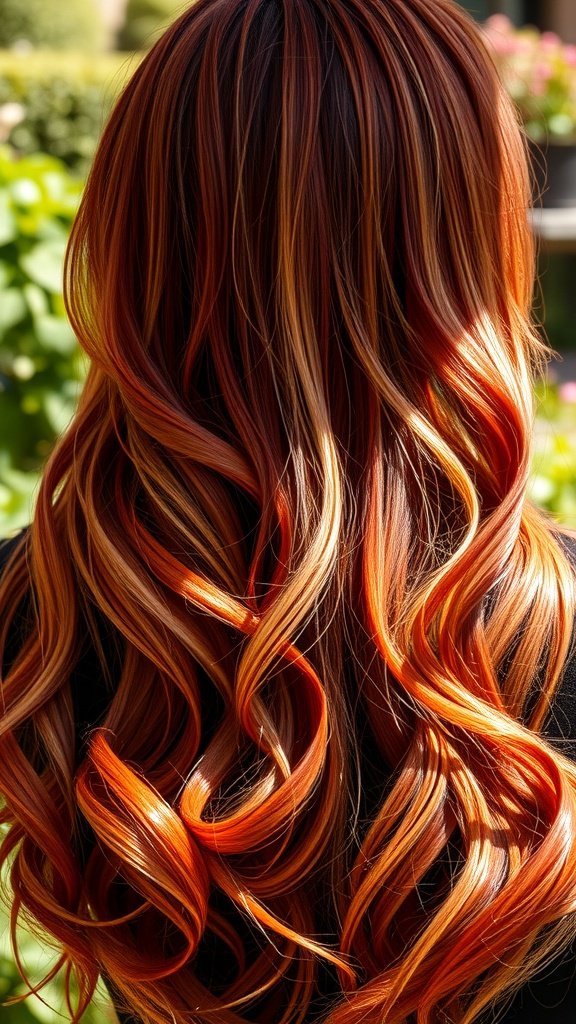 Long wavy hair with red-tinted brown color