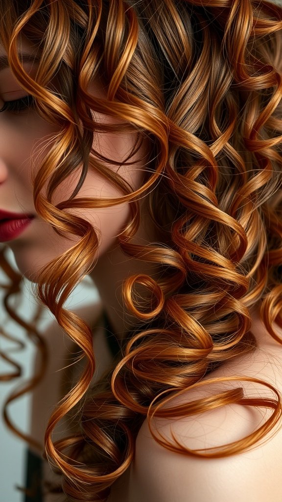 A close-up of a woman's auburn ringlet hairstyle, showcasing vibrant curls.