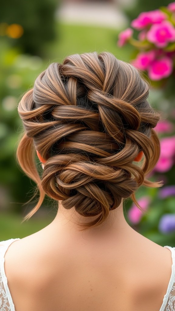 A romantic twisted updo hairstyle featuring soft brown highlights, elegantly styled with intricate twists.