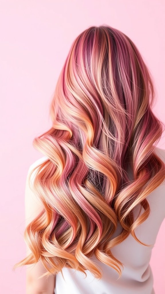 A woman with rose gold ombre hair styled in soft waves against a pink background.