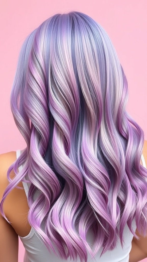 A beautiful hair color transition from rosewood to soft lavender, styled in cascading waves.