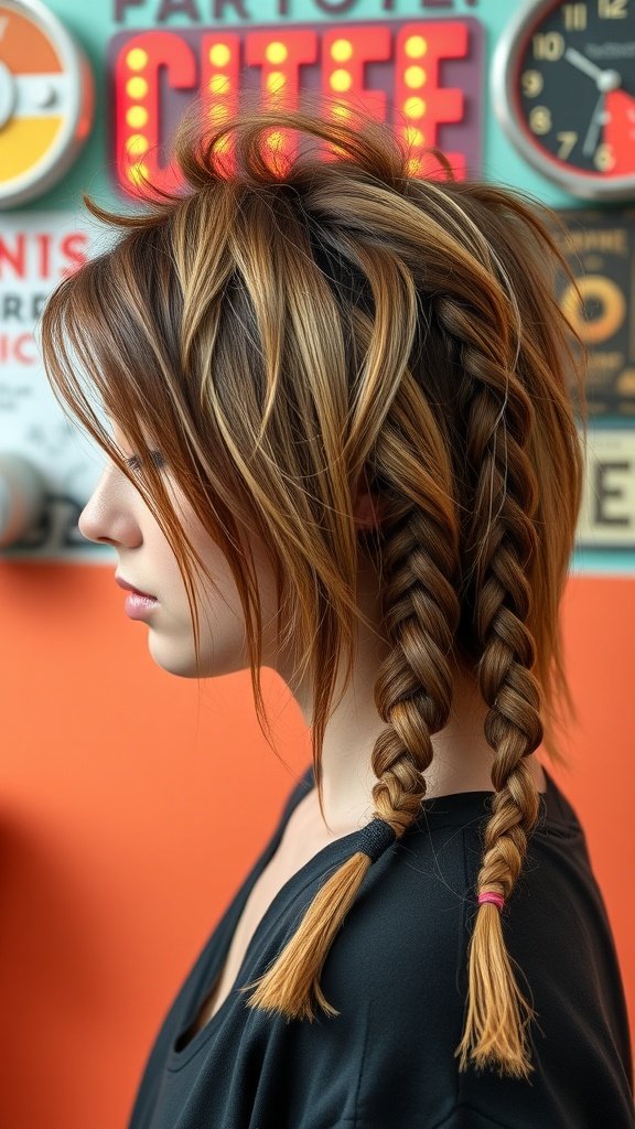 A side profile of a person with a shaggy mullet hairstyle featuring French braids, set against a colorful background.