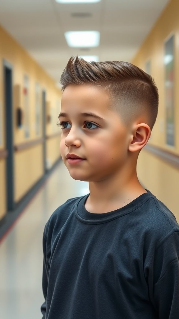 A boy with a sharp temp fade haircut, showcasing a clean fade on the sides and longer hair on top, standing in a school hallway.