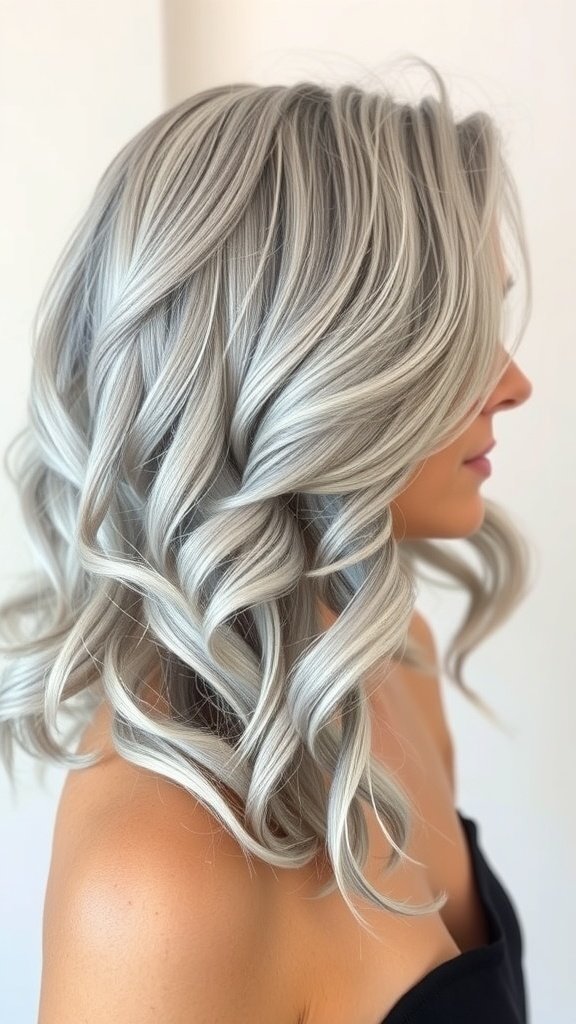 Shoulder-length shimmering silver curls styled elegantly.