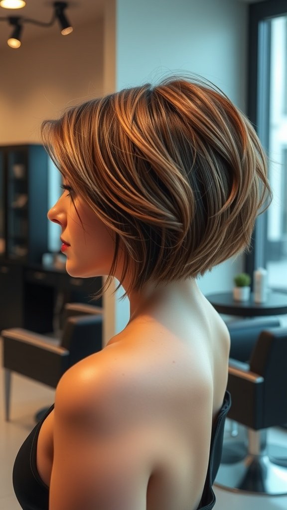 A woman with a short asymmetrical bob hairstyle featuring razor ends, showcasing volume and texture.