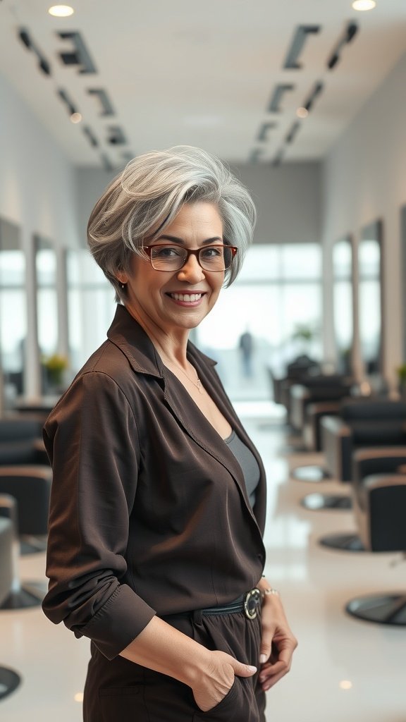 A woman with short gray hair styled in wispy layers, smiling confidently in a modern salon.
