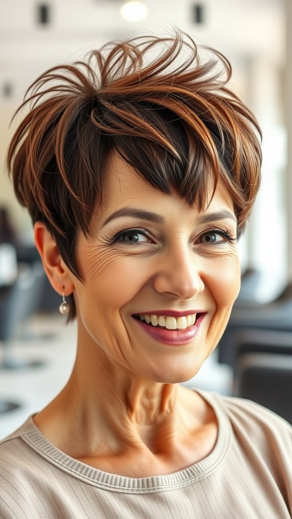 A woman with a short pixie hairstyle featuring volume at the crown, smiling confidently.