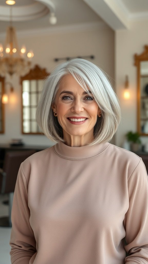 A woman with shoulder-length straight hair with feathered ends, smiling in a salon setting.