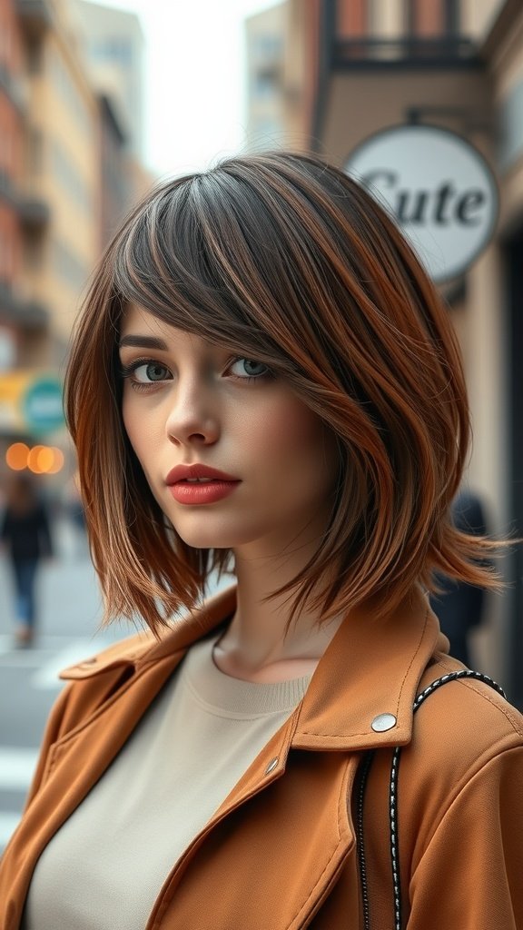 A woman with a side-parted bob hairstyle featuring choppy fringe and subtle layers, wearing a stylish outfit in an urban setting.