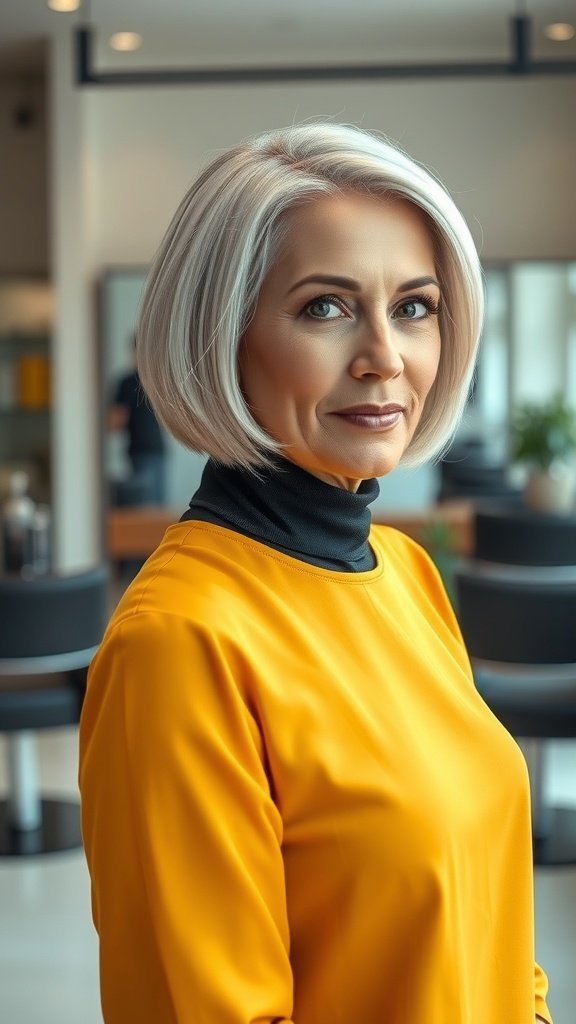 A woman with a sleek angled bob hairstyle, wearing a bright yellow top, showcasing a chic and polished look.