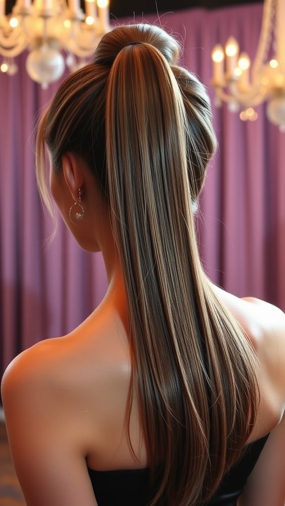 A sleek high ponytail hairstyle, showcasing smooth, straight hair gathered at the crown, with a polished finish.