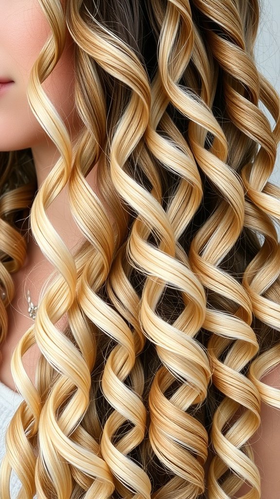 Soft blonde ringlets with dark roots, showcasing a beautiful contrast and texture.