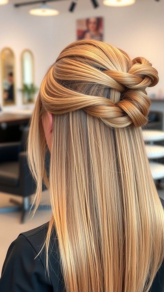 A woman with straight hair styled in a twisted half updo, showcasing a blend of elegance and playfulness.