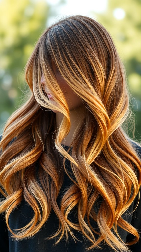 A woman with long, wavy hair featuring strawberry blonde highlights and a chocolate underlayer, showcasing a vibrant hairstyle.