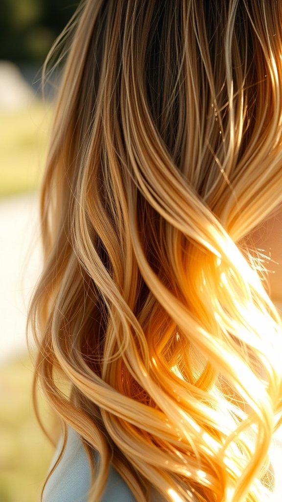 Wavy hair in sunflower blonde with golden lowlights, glowing in sunlight
