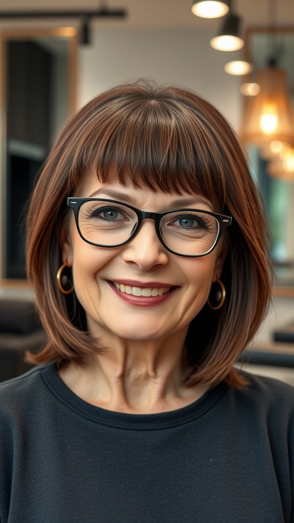 A woman over 50 with a sweeping fringe and straight layers hairstyle, wearing glasses.