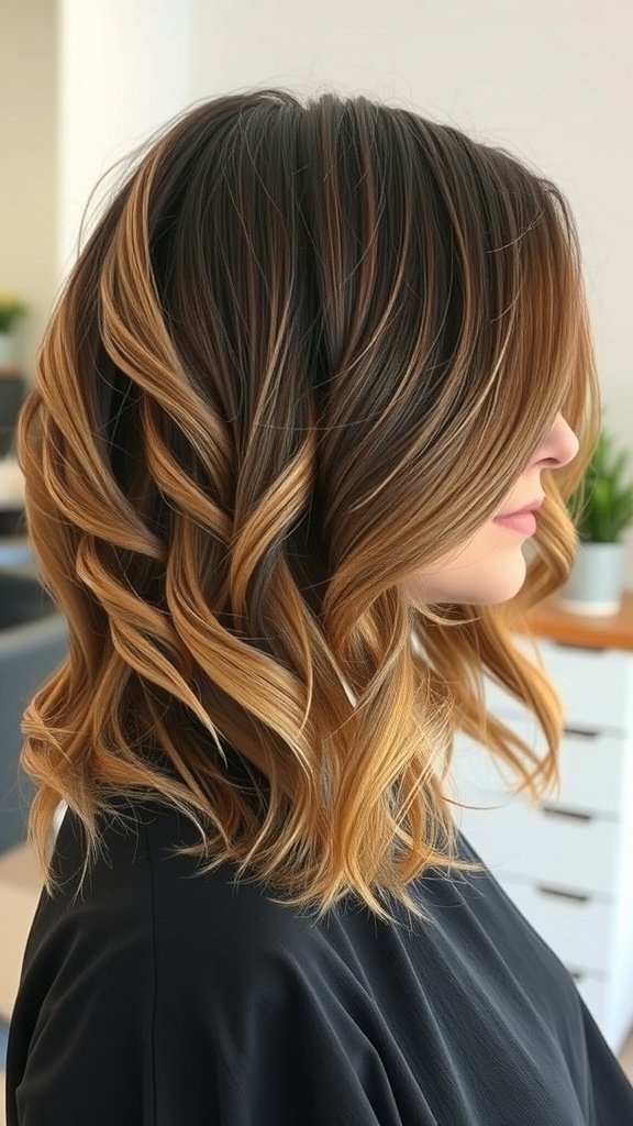 A woman with a layered lob hairstyle featuring swirling waves, showcasing thick hair with a blend of dark and light colors.