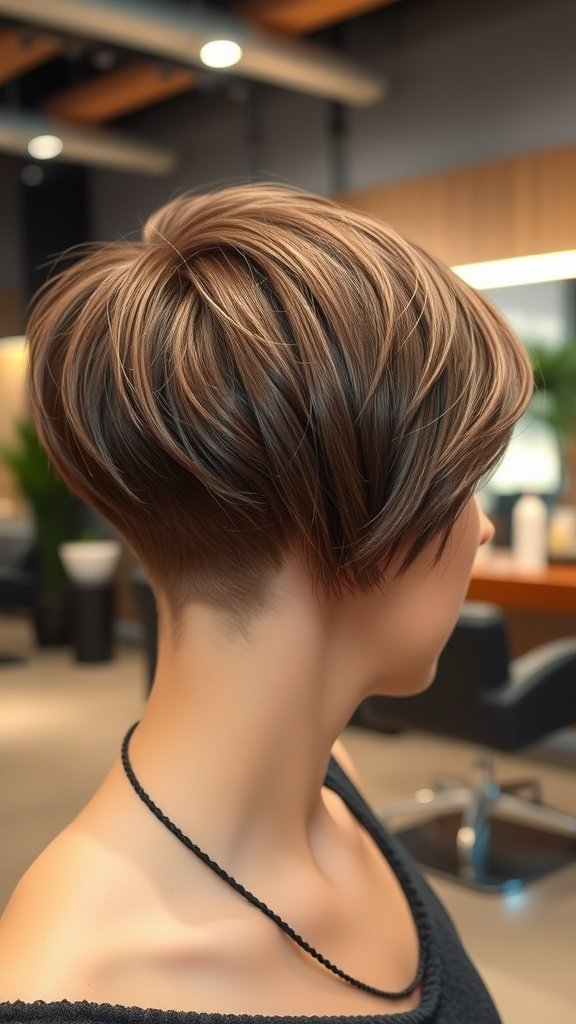 A stylish swooped bang pixie haircut with an undercut, showcasing texture and shape.