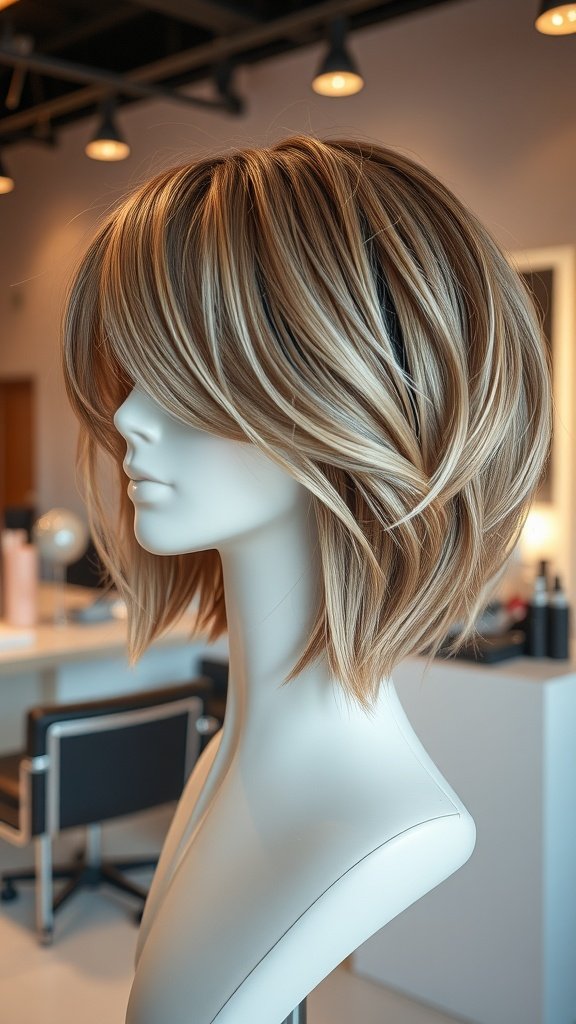 A mannequin displaying a textured lob haircut with sliced ends, showcasing layers and a modern style.