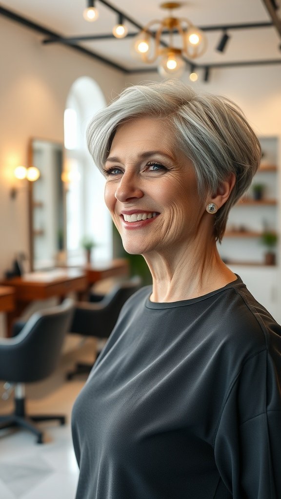 A woman with a stylish Bixie haircut, smiling in a modern salon setting.