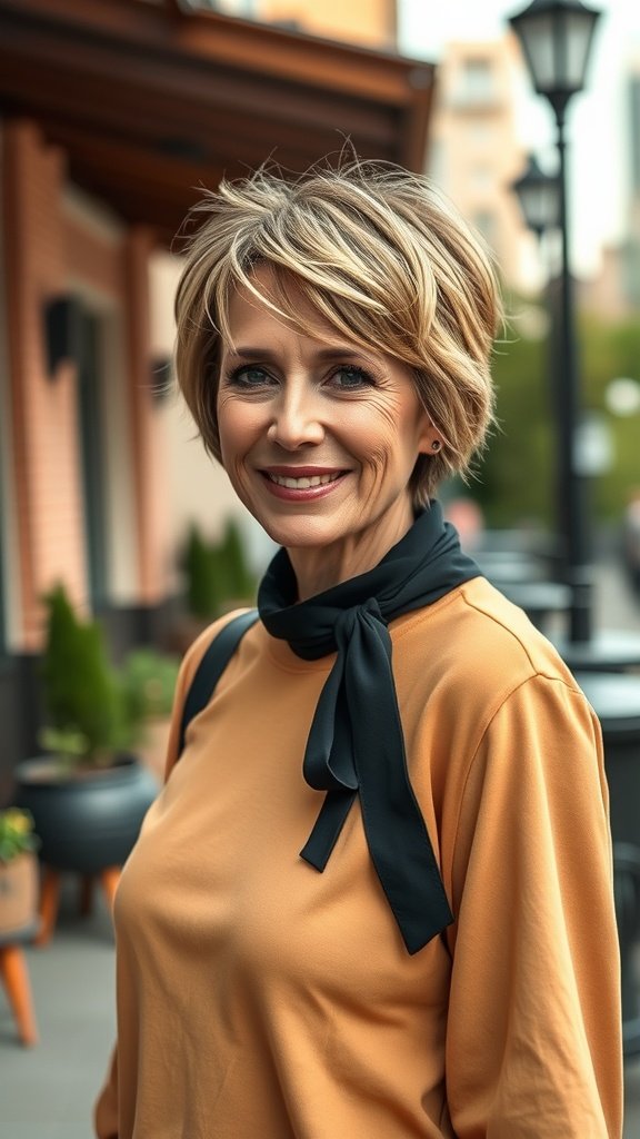 A woman in a tousled short cut with balayage, wearing a stylish outfit and smiling outdoors.