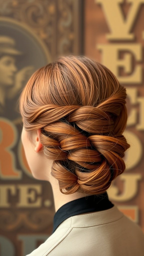 A vintage copper chignon hairstyle showcasing twisted strands of copper hair in an elegant updo.