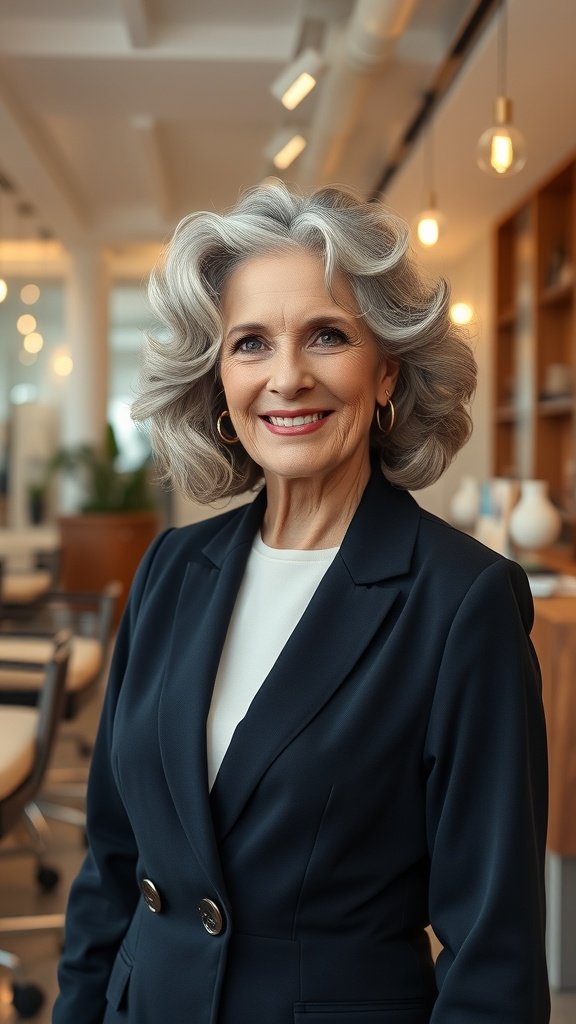 A woman with voluminous curls on a short bob hairstyle, smiling confidently in a stylish outfit.