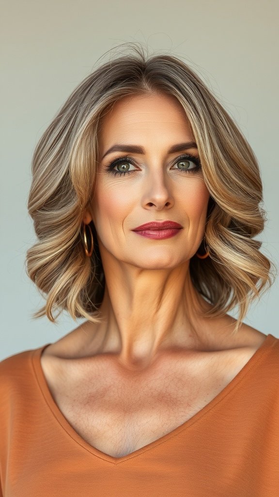 A woman with a wavy bob hairstyle featuring a deep side part, wearing a brown top and looking confidently at the camera.