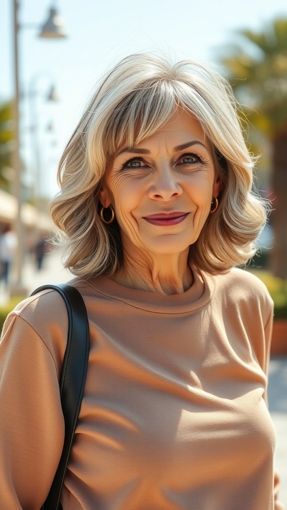 A woman with a wavy lob hairstyle and curtain bangs, smiling outdoors.