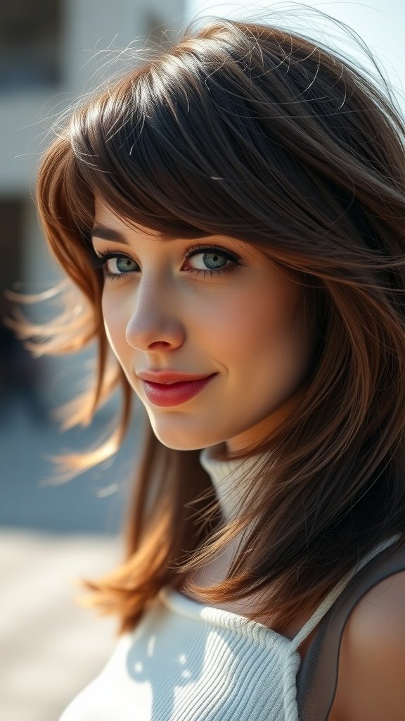 A woman with chin-length hair styled in wind-swept side bangs, showcasing a relaxed and charming look.