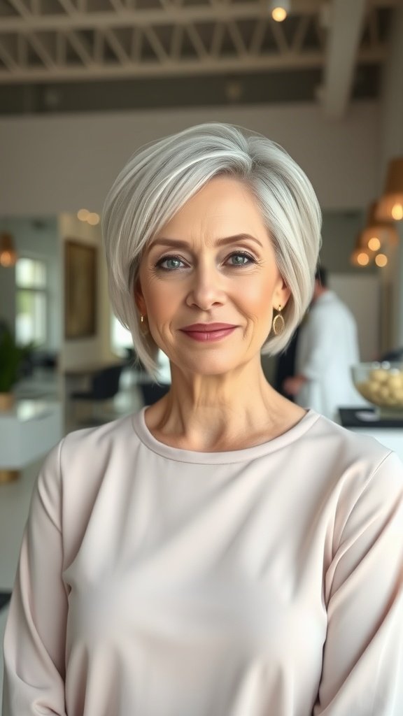 A woman with an angular bob hairstyle featuring razor-edged ends, smiling confidently.