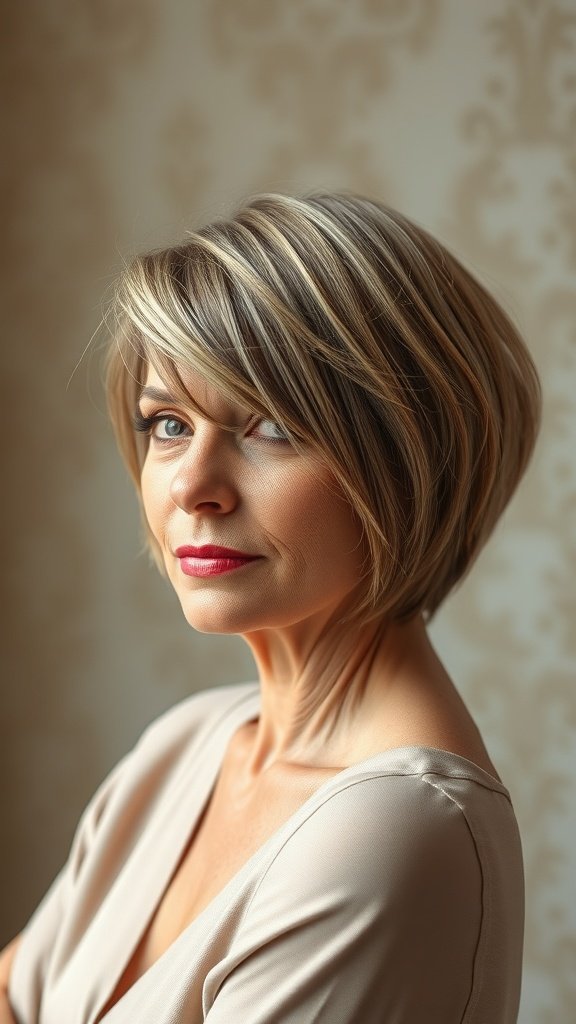 A woman with an angular bob hairstyle featuring razor-edged ends, showcasing a modern and stylish look.
