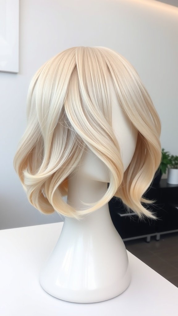 A stylish Arctic Blonde Balayage Bob hairstyle displayed on a mannequin.