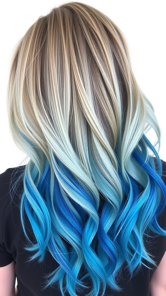 A hairstyle featuring ash blonde hair with electric blue ends, styled in soft waves.