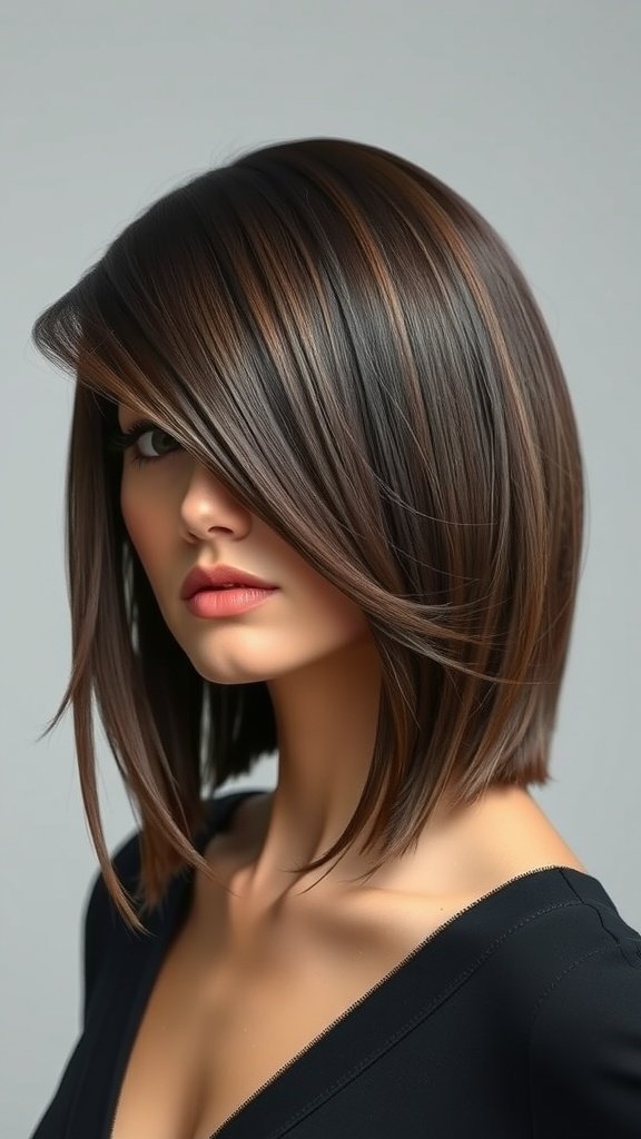 A woman with an asymmetrical sleek haircut, featuring longer strands on one side and a smooth finish.