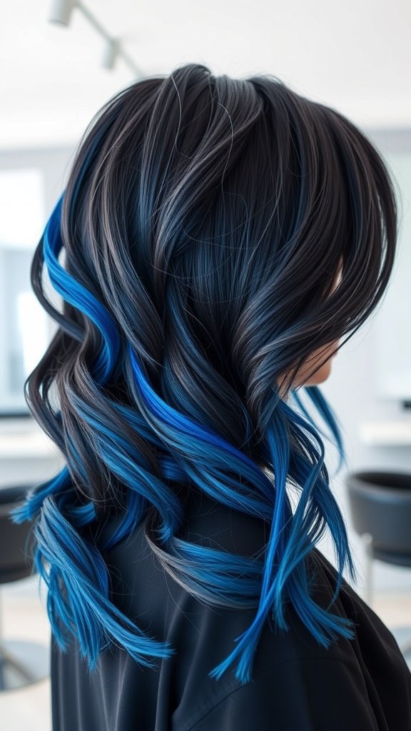 A hairstyle featuring black hair with electric blue highlights, styled in loose waves.