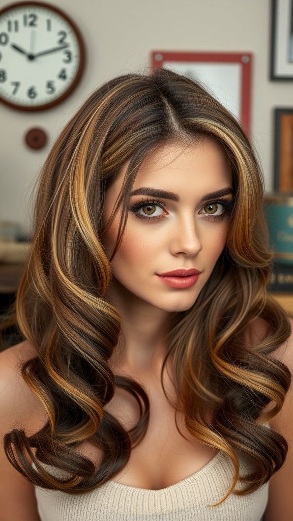 A woman with vintage brown hair featuring blonde pin-up highlights, styled in soft curls.