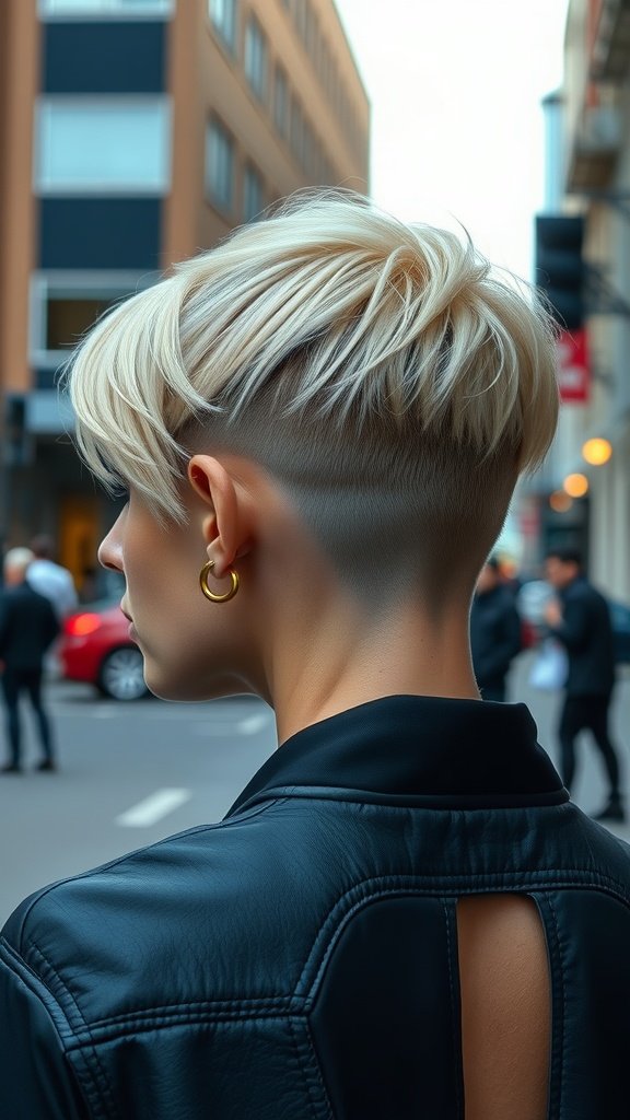 A blonde undercut hairstyle with sapphire lowlights, showcasing a modern and edgy look.