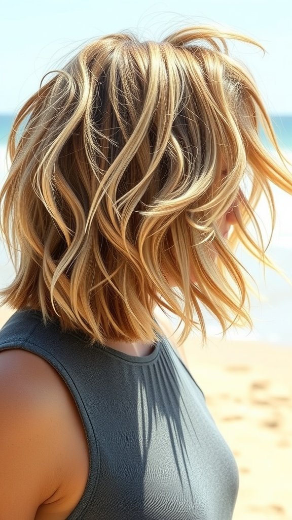 A medium bob hairstyle with beach waves and texture, showcasing a relaxed and playful look.