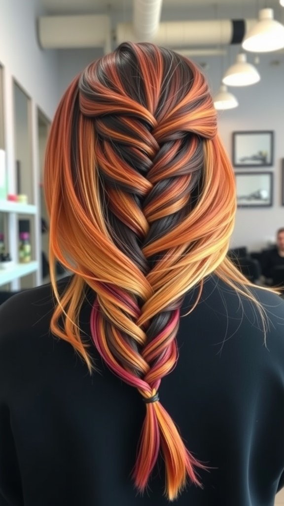 A bold fishtail braid on medium-length ombre hair, showcasing vibrant colors from black to orange and pink.