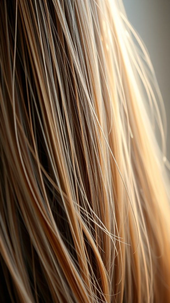 Close-up of fine straight hair with caramel balayage highlights