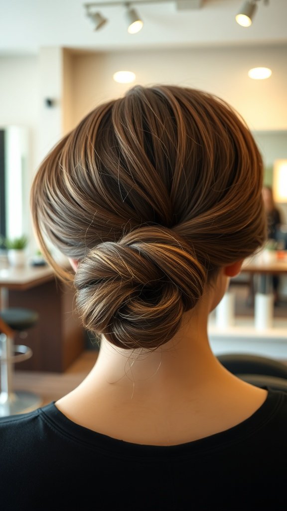 A woman with a chic low bun hairstyle and piece-y bangs, showcasing elegance and casual flair.