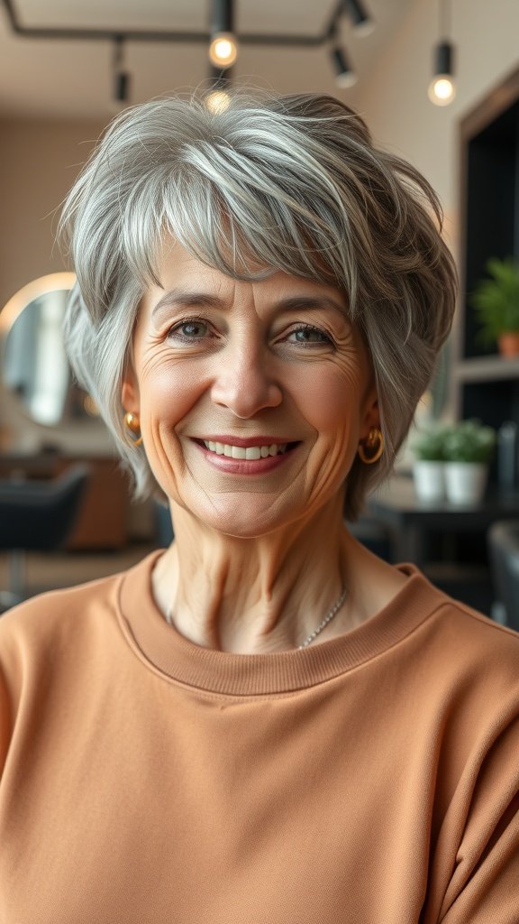 A woman with a choppy shag hairstyle and textured layers, smiling in a cozy setting.