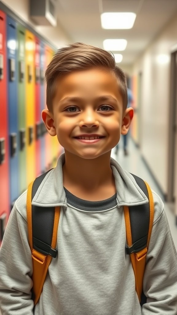 A young boy with a buzz cut smiling in a school hallway with colorful lockers.