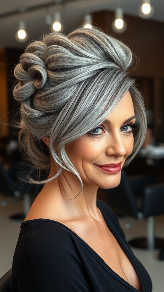A woman with a classic chignon hairstyle featuring soft gray hair, showcasing elegance and sophistication.